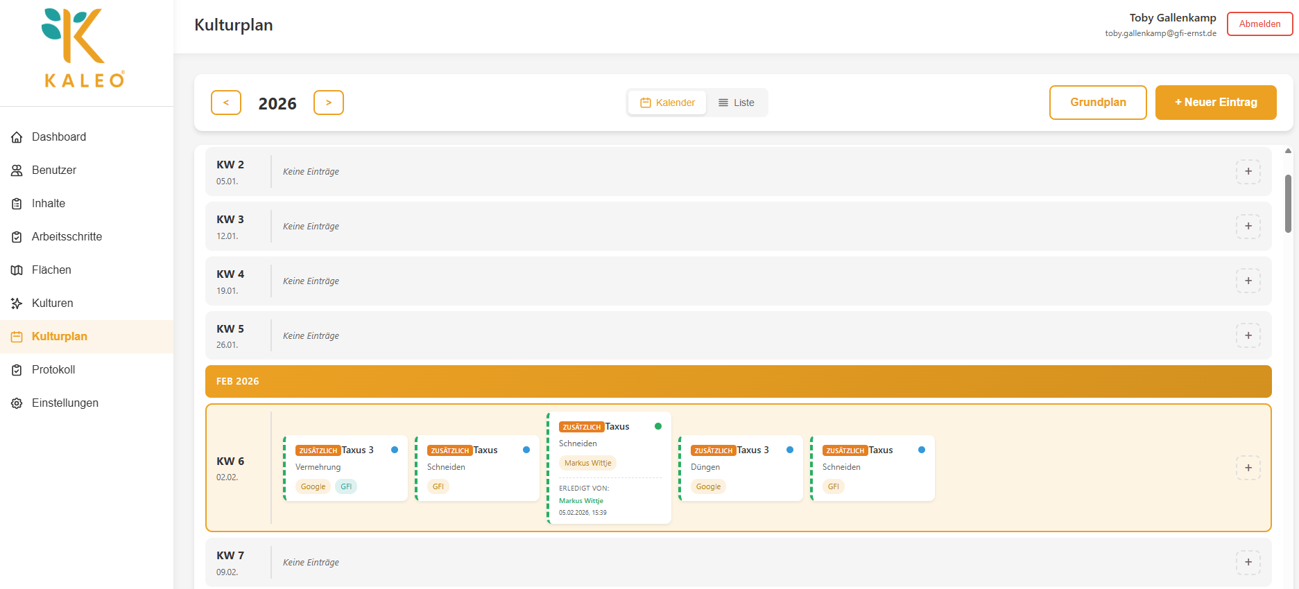 KALEO Webportal Dashboard – Betriebsübersicht Gartenbau