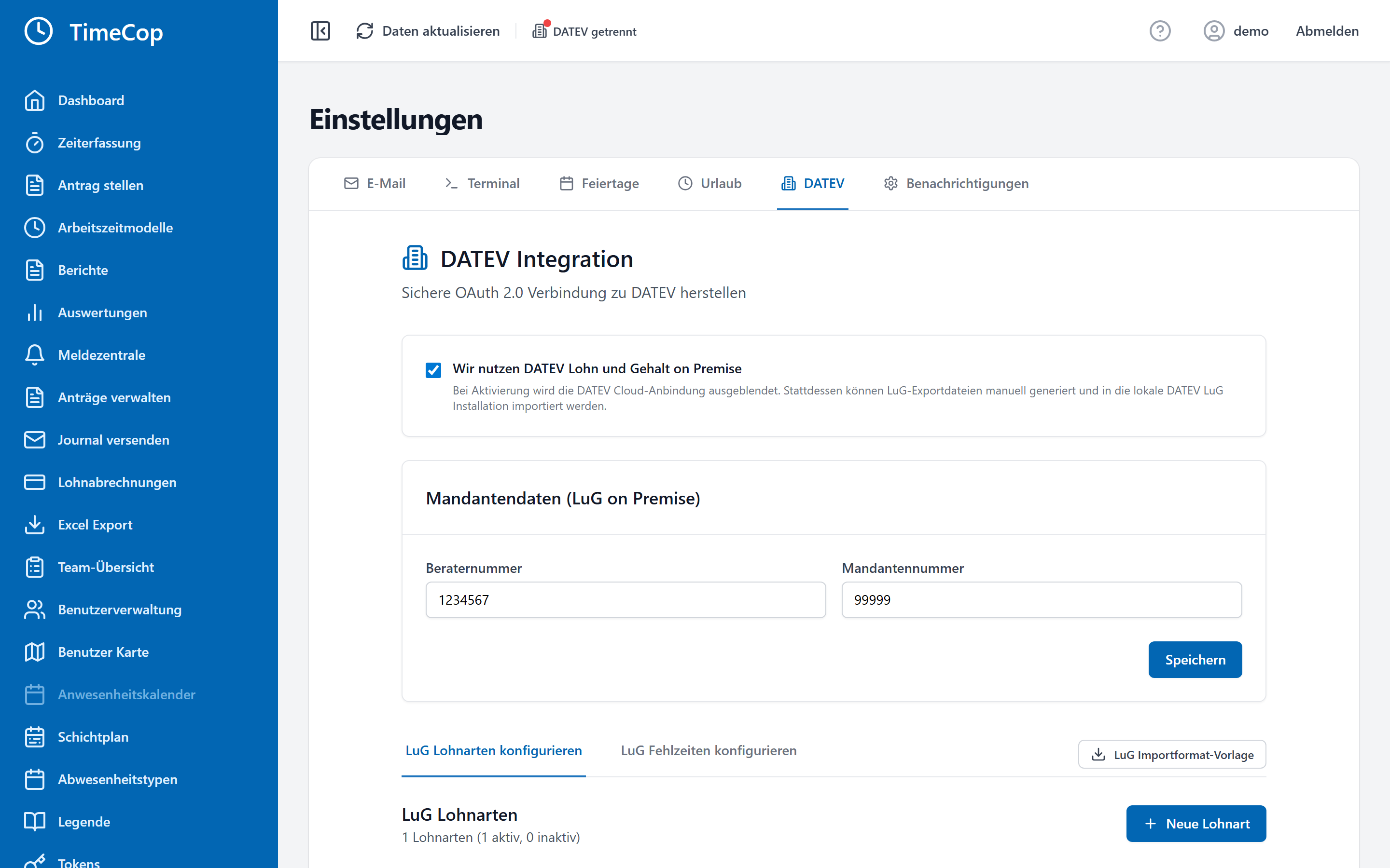 TimeCop DATEV Integration – Sichere OAuth-2.0-Verbindung, Mandantendaten und Lohnarten-Zuordnung
