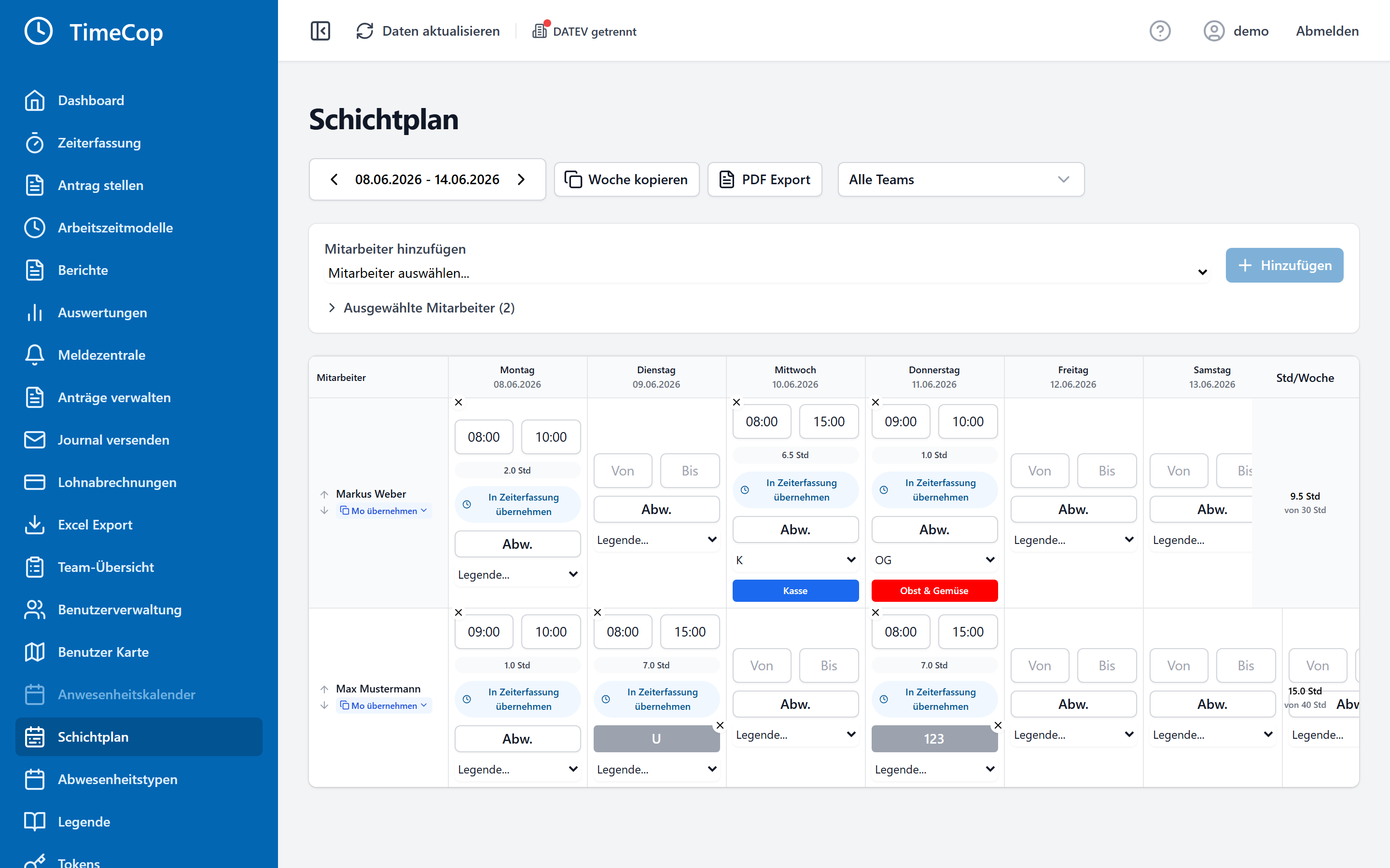 TimeCop Schichtplan – Wochenplanung mit Schichtzeiten und Tätigkeiten