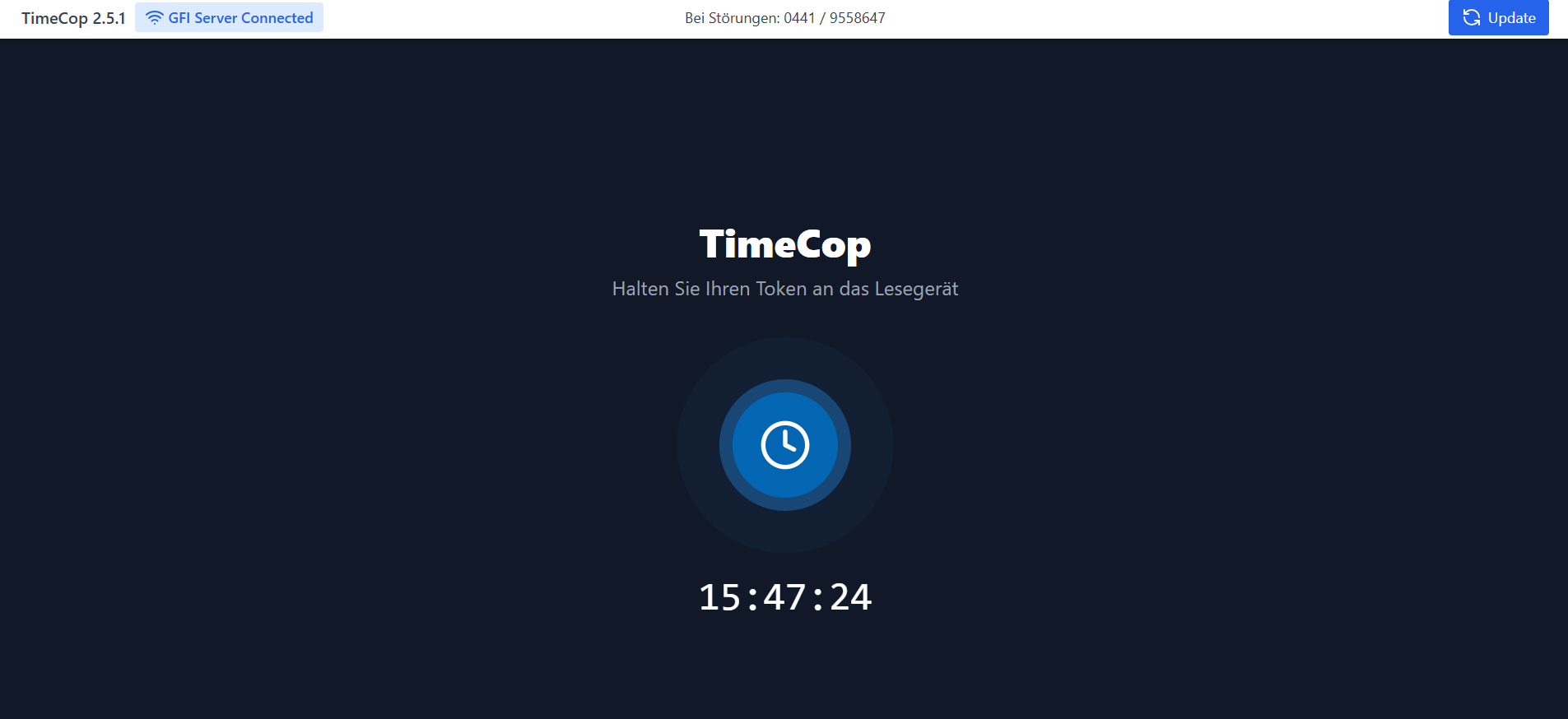 TimeCop Terminal-Stempeluhr – Token an das Lesegerät halten zum Ein- und Ausstempeln