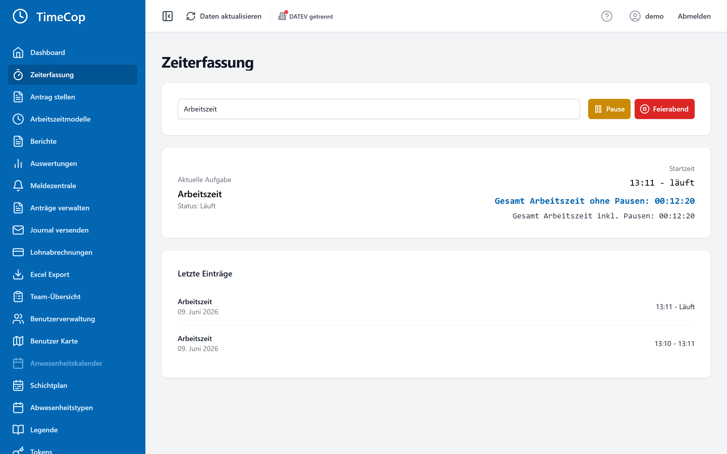 TimeCop Zeiterfassung – Ein- und Ausstempeln mit laufendem Live-Timer